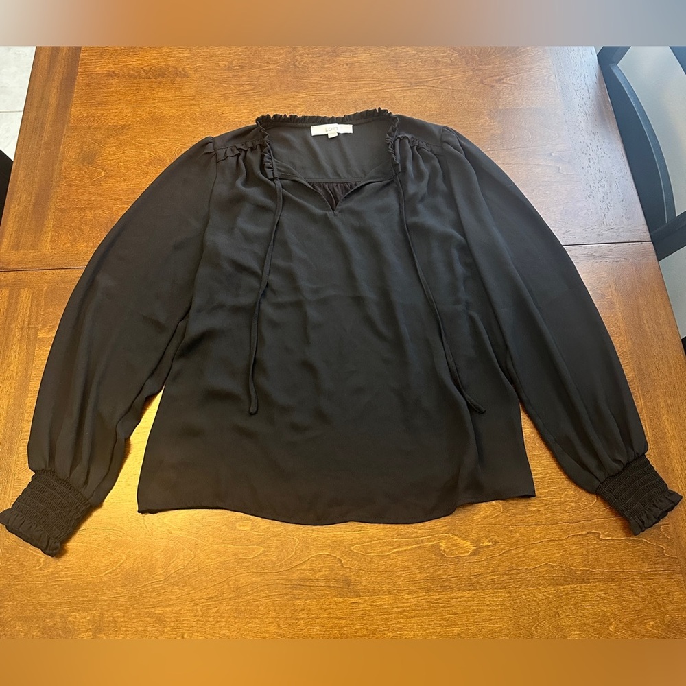 LOFT Black Blouse with Smocked Cuffs
